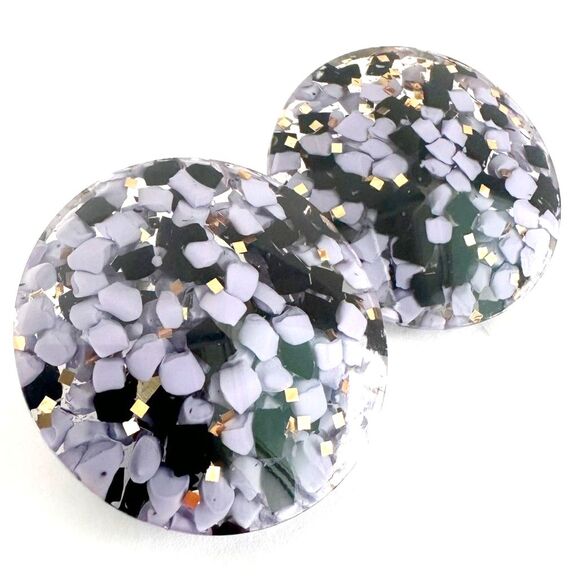 Vintage MCM Round Lucite Earrings with Purple and Black Confetti - Picture 1 of 5